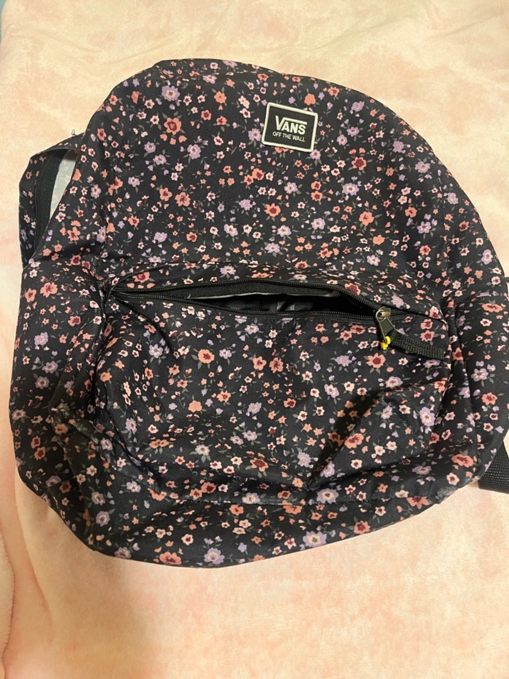 Vans Black Floral Backpack with Pink and Purple Flowers